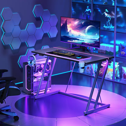 31.5 inch Gaming Desk with Z-Leg Design, Computer Desk with LED Light & Power Outlet, Gaming Table Suitable for Small Space, Black