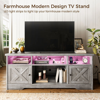 Farmhouse LED TV Stand for 65 Inch TV, Entertainment Center with Power Outlet, Media Console with Storage Cabinets and Shelves, Gray Oak