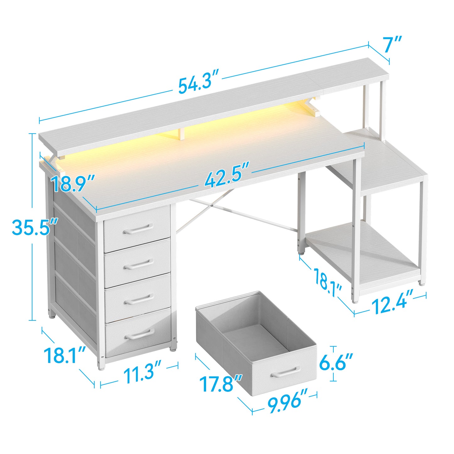 Casacomoda 55 Inch Computer Desk with LED Light, Monitor Stand, Desk with 4 Drawers, Home Office Desk with Storage Shelves, White Office Desks, White