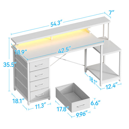 Casacomoda 55 Inch Computer Desk with LED Light, Monitor Stand, Desk with 4 Drawers, Home Office Desk with Storage Shelves, White Office Desks, White