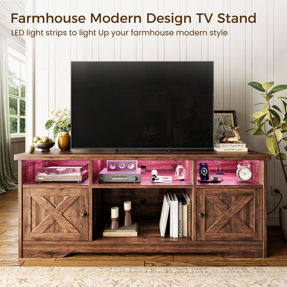 Farmhouse LED TV Stand for 65 Inch TV, Entertainment Center with Power Outlet, Media Console with Storage Cabinets and Shelves, Walnut
