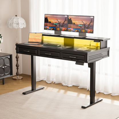 Casacomoda 48" Electric Standing Desk with 3 Wooden Drawers, Height Adjustable Desk with Power Outlets & LED Lights, Black Sit Stand Table with Monitor Stand for Home, Office, Workstation
