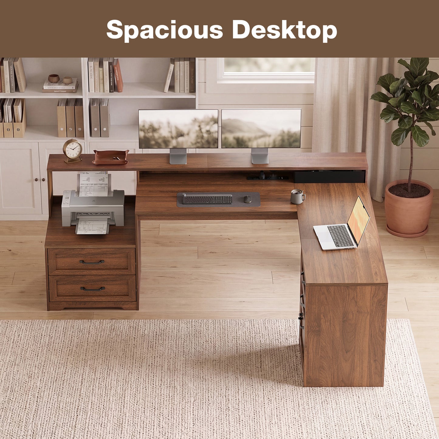 Casacomoda Farmhouse Executive Desk 68 Inch, L Shaped Computer Desk with Drawers, Office Desk with Locking Cabinet, Corner Desk with Printer Shelf & Power Outlet, Monitor Stand, Walnut