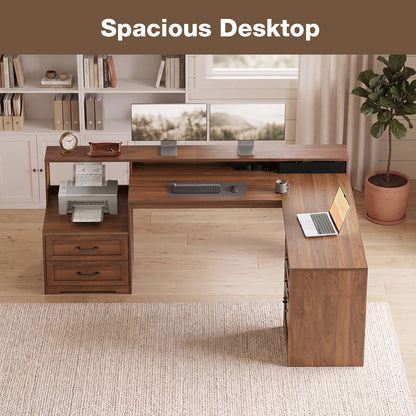 Casacomoda Farmhouse Executive Desk 68 Inch, L Shaped Computer Desk with Drawers, Office Desk with Locking Cabinet, Corner Desk with Printer Shelf & Power Outlet, Monitor Stand, Walnut