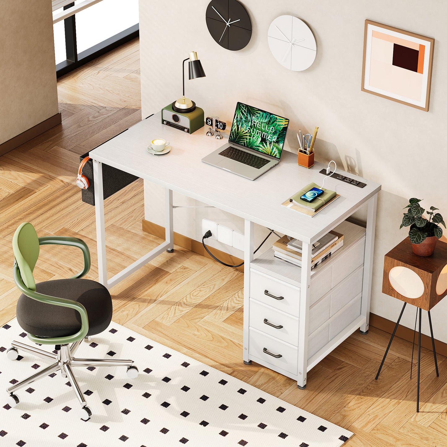 Casacomoda 40 inch Small Computer Desk with Fabric Drawers and Charging Station, Home Office Desk with Storage Shelf & Bag, White