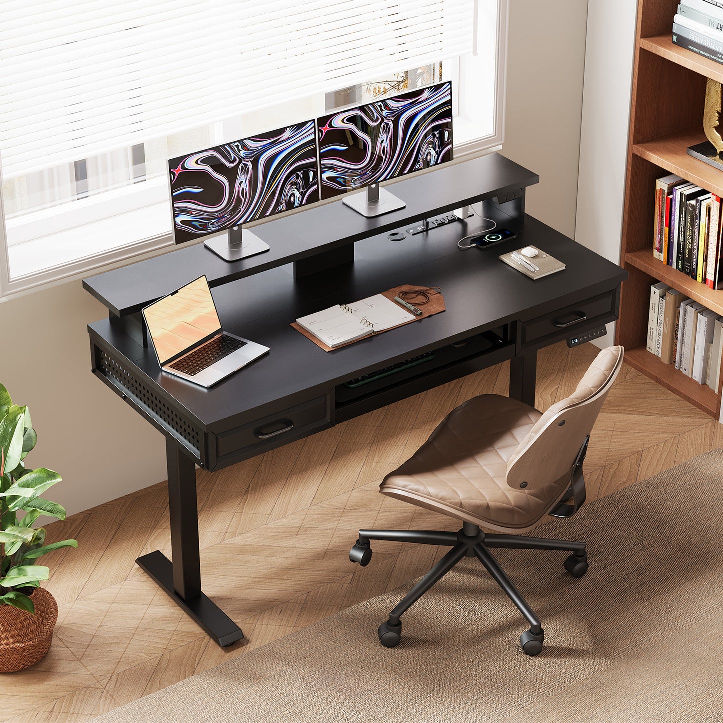 Casacomoda 47.2" Electric Standing Desk with 2 Wooden Drawers & Keyboard Tray, Height Adjustable Sit Stand Desk with Power Outlets & LED Light for Home Office, Black