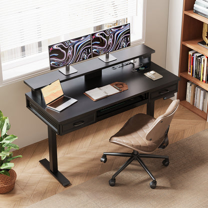 Casacomoda 47.2" Electric Standing Desk with 2 Wooden Drawers & Keyboard Tray, Height Adjustable Sit Stand Desk with Power Outlets & LED Light for Home Office, Black