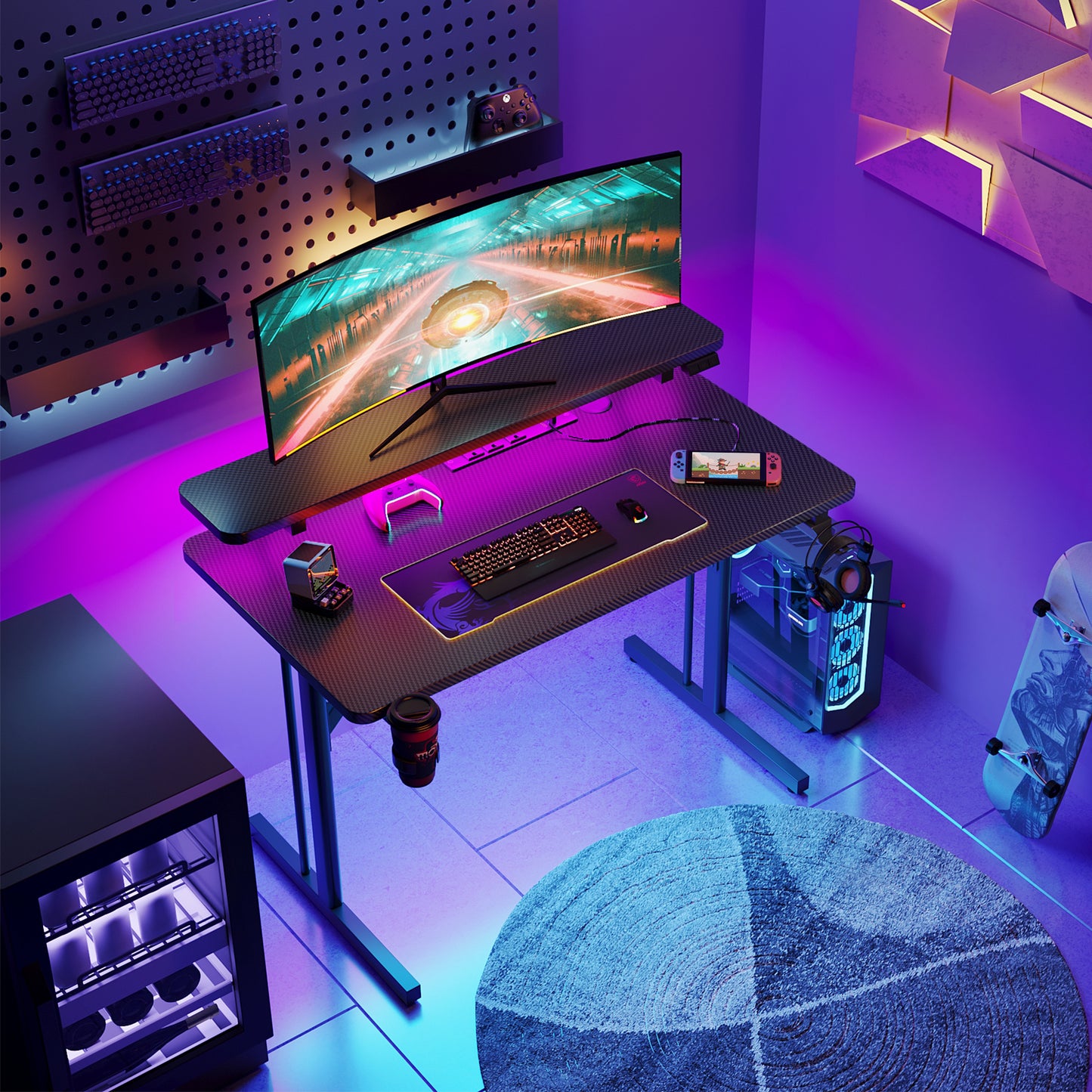 Gaming Desk 31 INCH, T- Shaped Carbon Fiber Surface Computer Desk with Full Desk Mouse Pad, Gamer Desk with Double Headphone Hook, USB Gaming Rack, Cup Holder, Black