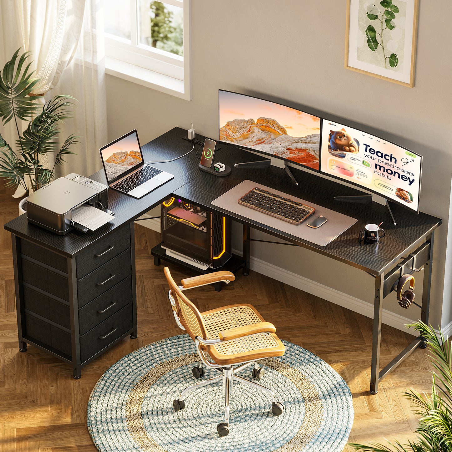 Casacomoda L Shaped Computer Desk with Charging Station , 53 inch PC Table Study Desk 4 Tier Drawers, Modern Simple Style Laptop Desk for Bedroom, Black