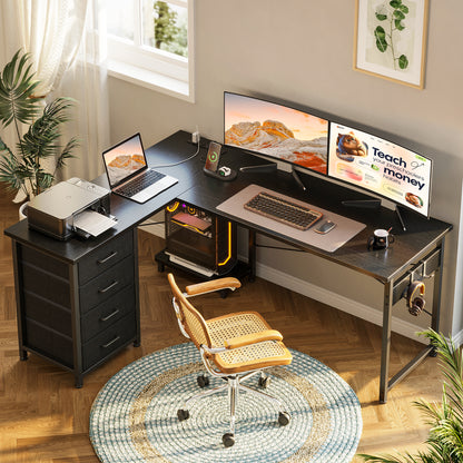 Casacomoda L Shaped Computer Desk with Charging Station , 53 inch PC Table Study Desk 4 Tier Drawers, Modern Simple Style Laptop Desk for Bedroom, Black