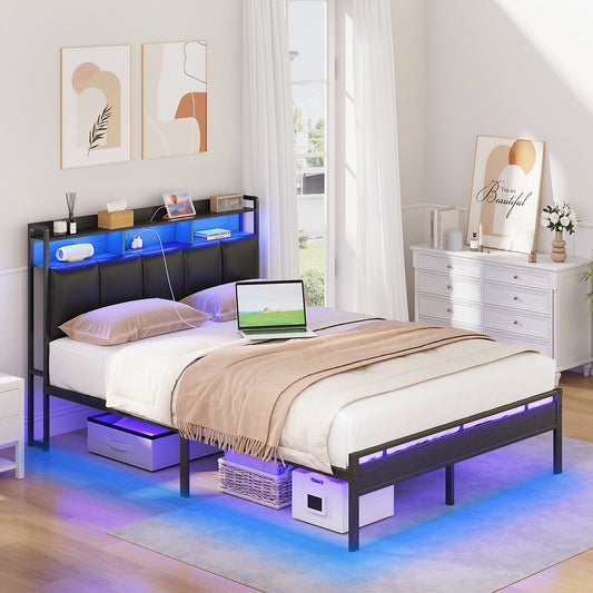 Queen Size Bed Frame with Storage Headboard & LED Light, Upholstered Platform Bed with Power Outlets, Heavy Duty Frame Support, Noise Free, No Box Spring Needed, Black