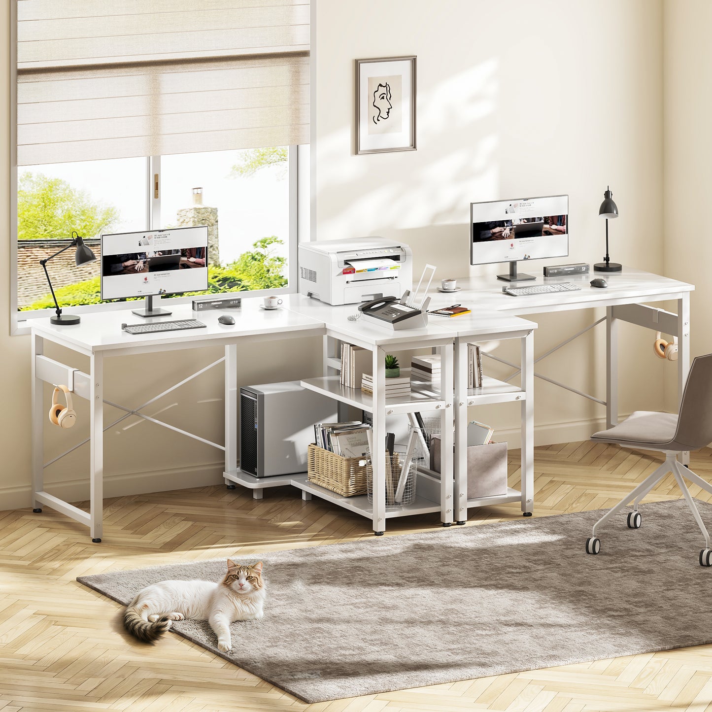 Casacomoda 40 Inch L Shaped Computer Desk with 3 Storage Shelves, Small Reversible Corner Desk for Small Space with Hock, Home Office L-Shaped Desk, White