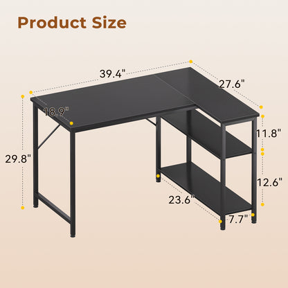 Casacomoda 40 Inch L Shaped Computer Desk with Reversible Storage Shelves, Small Corner Desk for Home Office and Study, Black