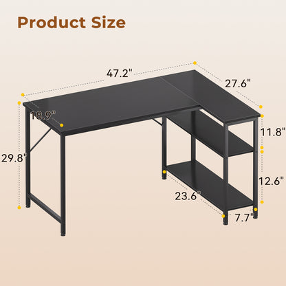 Casacomoda 48 Inch L Shaped Computer Desk with Reversible Storage Shelves, Corner Desk for Home Office and Study, Black