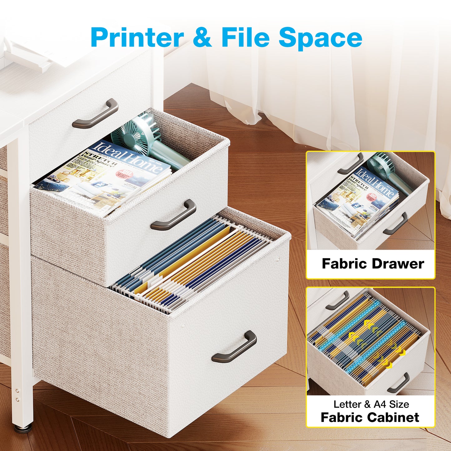 Casacomoda 40" Small Computer Desk with Fabric Drawers & File Cabinet, Home Office Desk with Cloth Storage Bag and Hook, Writing Study Work Table for Small Space, Vanity Desk for Bedroom, White