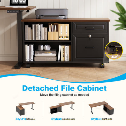 L-Shaped Standing Desk with Storage Cabinet and Drawers, Reversible Sit Stand Computer Desk for Home Office, Adjustable Height Desk, 48 Inch, Walnut & Black