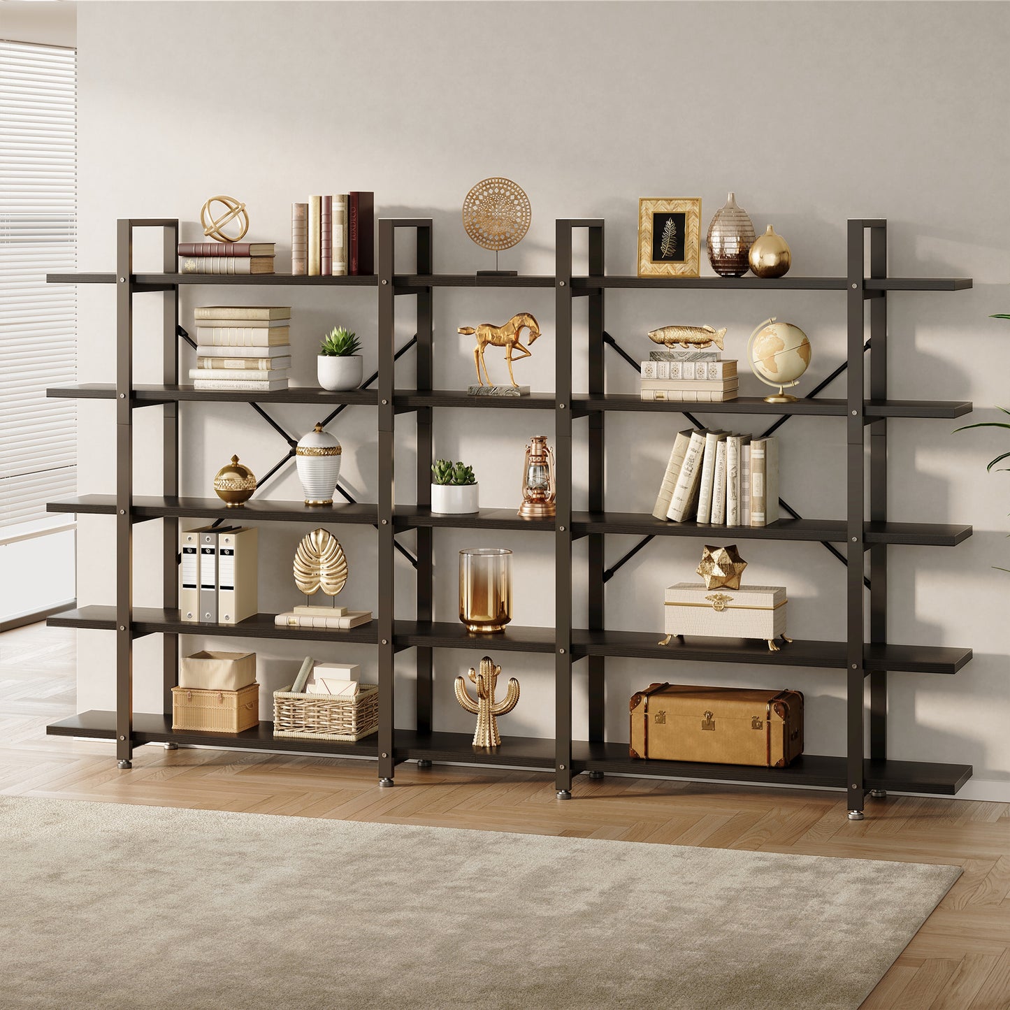 Industrial 5-Tier Bookshelf, Tall Bookcase with Reinforced Metal Frame, Open Design for Home Office, Living Room, Black