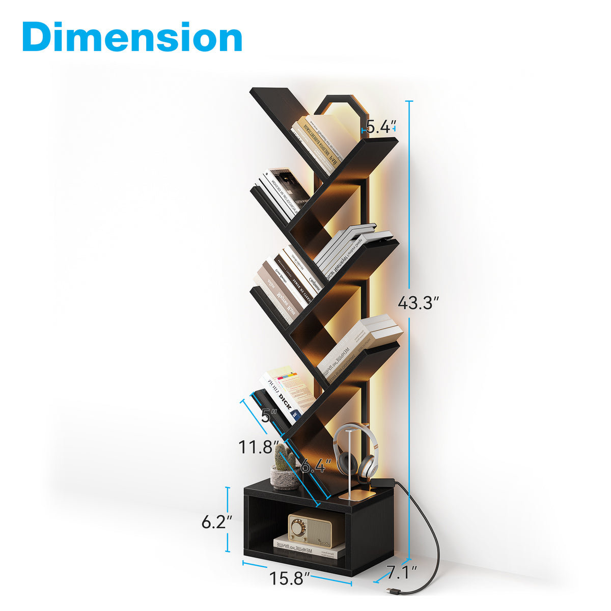 Casacomoda 6 Tier Tree Bookshelf, Bookcase with LED Lights, Display Floor Standing Storage Shelf, Book Organizer Shelves for Home Office, Living Room, Black