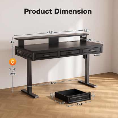 Casacomoda 48" Electric Standing Desk with 3 Wooden Drawers, Height Adjustable Desk with Power Outlets & LED Lights, Black Sit Stand Table with Monitor Stand for Home, Office, Workstation