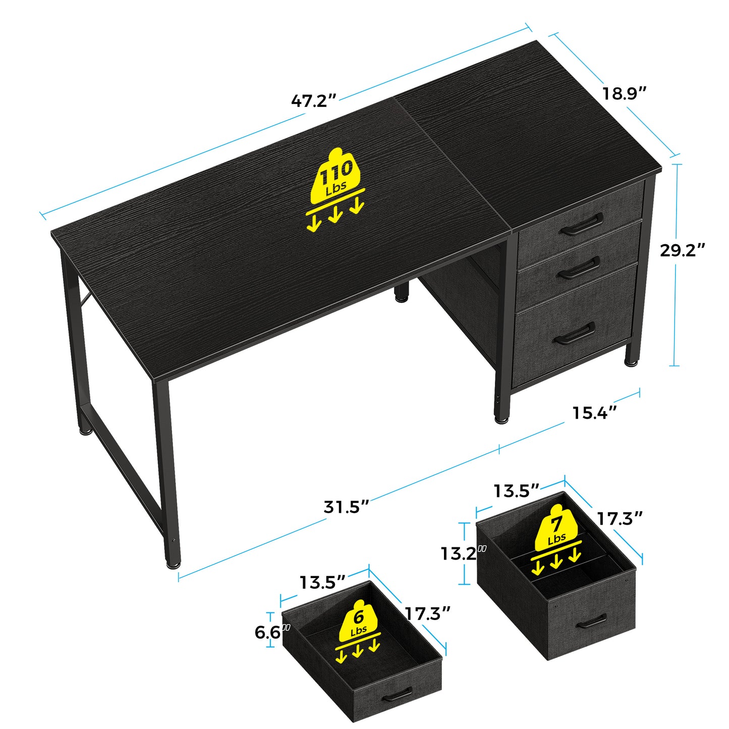 48 inch Computer Desk with 3 Fabric Drawers, Home Office Desk with File Cabinet, Writing Desk for Work and Study, Black