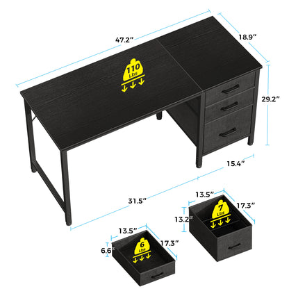 48 inch Computer Desk with 3 Fabric Drawers, Home Office Desk with File Cabinet, Writing Desk for Work and Study, Black