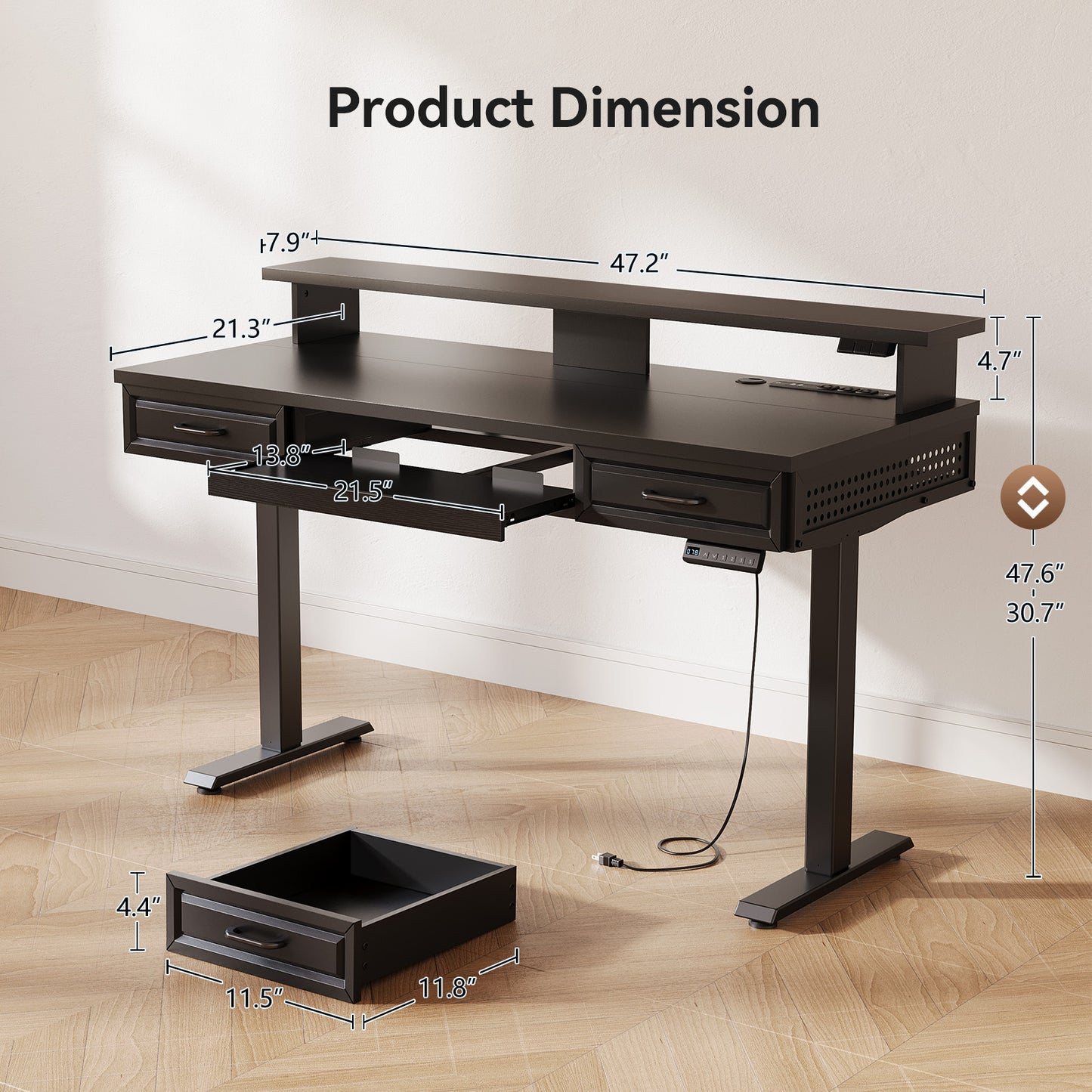 Casacomoda 47.2" Electric Standing Desk with 2 Wooden Drawers & Keyboard Tray, Height Adjustable Sit Stand Desk with Power Outlets & LED Light for Home Office, Black