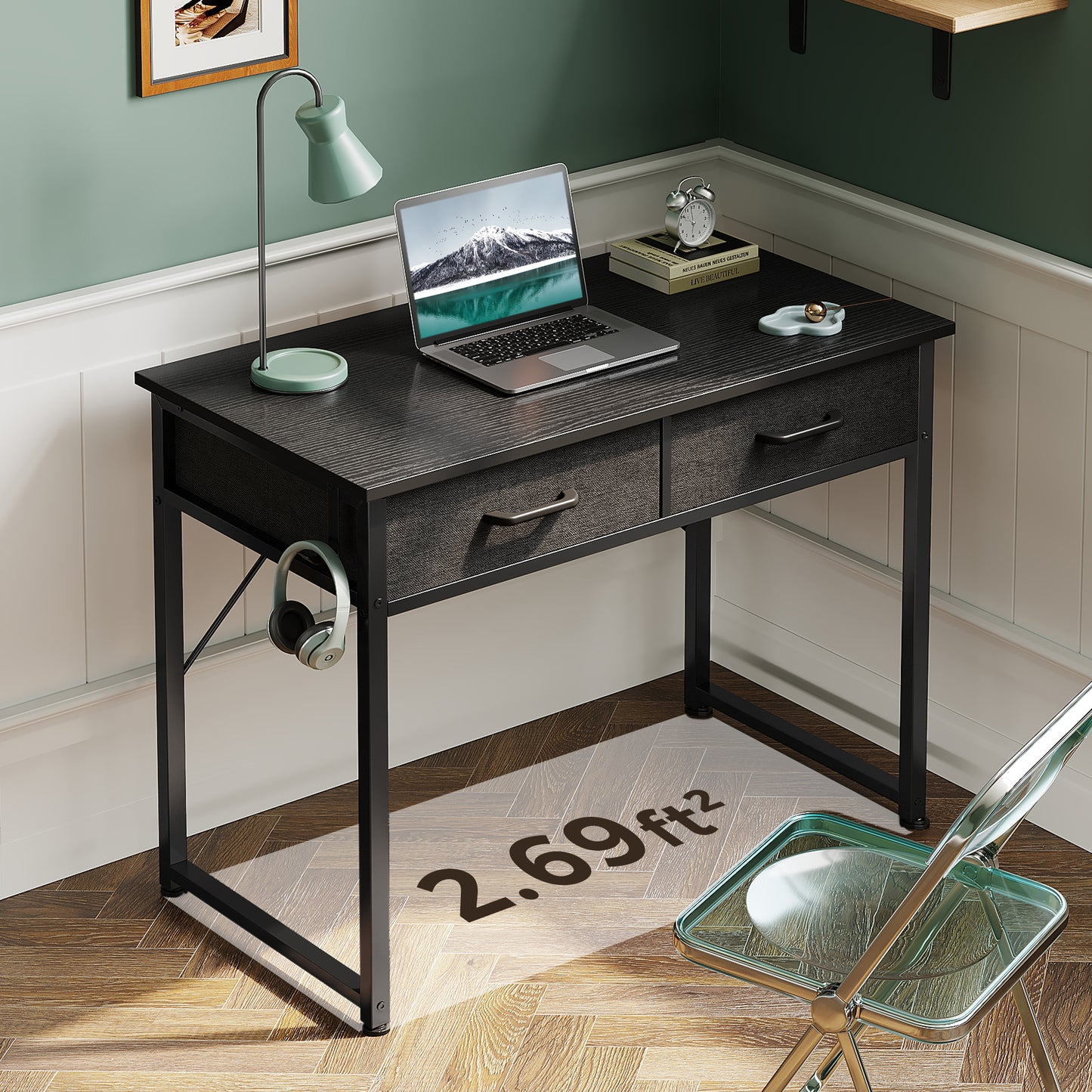 Casacomoda 32 Inch Writing Desk with Fabric Drawers, Modern Study Table with Storage for Student/Kids, Small Computer Desk for Small Space, Home Office Desk, Black