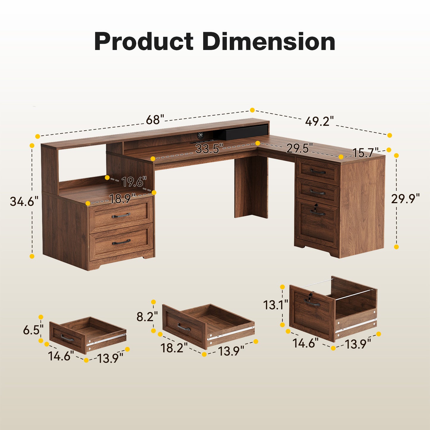 Casacomoda Farmhouse Executive Desk 68 Inch, L Shaped Computer Desk with Drawers, Office Desk with Locking Cabinet, Corner Desk with Printer Shelf & Power Outlet, Monitor Stand, Walnut