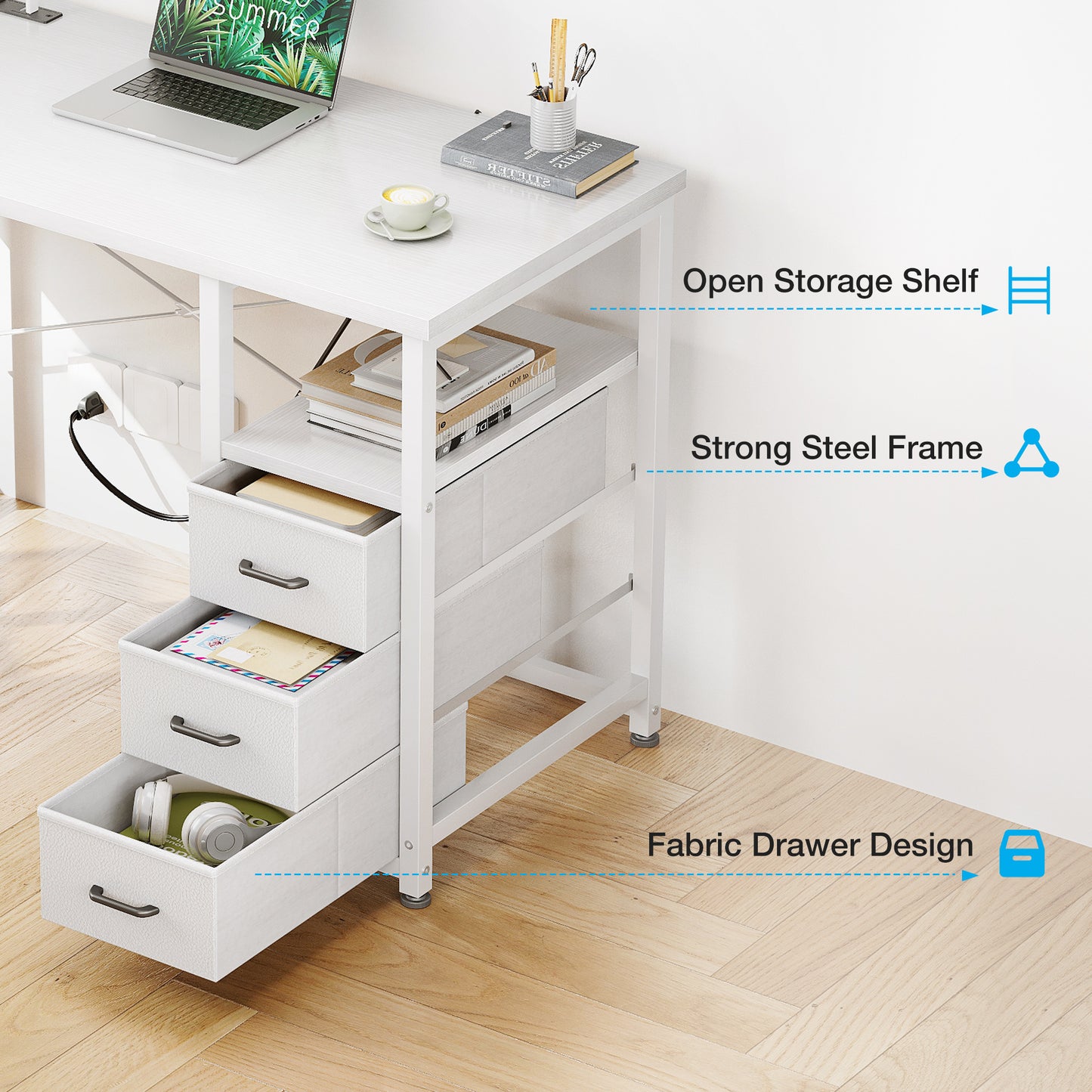 Casacomoda 40 inch Small Computer Desk with Fabric Drawers and Charging Station, Home Office Desk with Storage Shelf & Bag, White