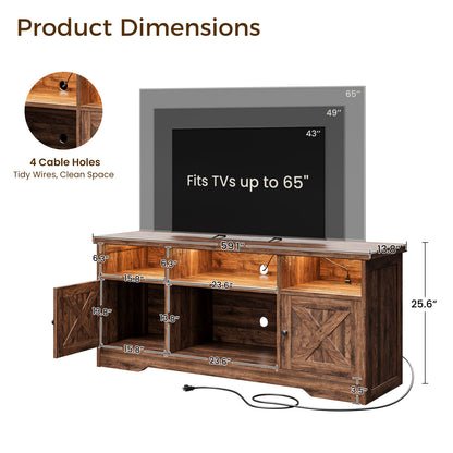 Farmhouse LED TV Stand for 65 Inch TV, Entertainment Center with Power Outlet, Media Console with Storage Cabinets and Shelves, Walnut