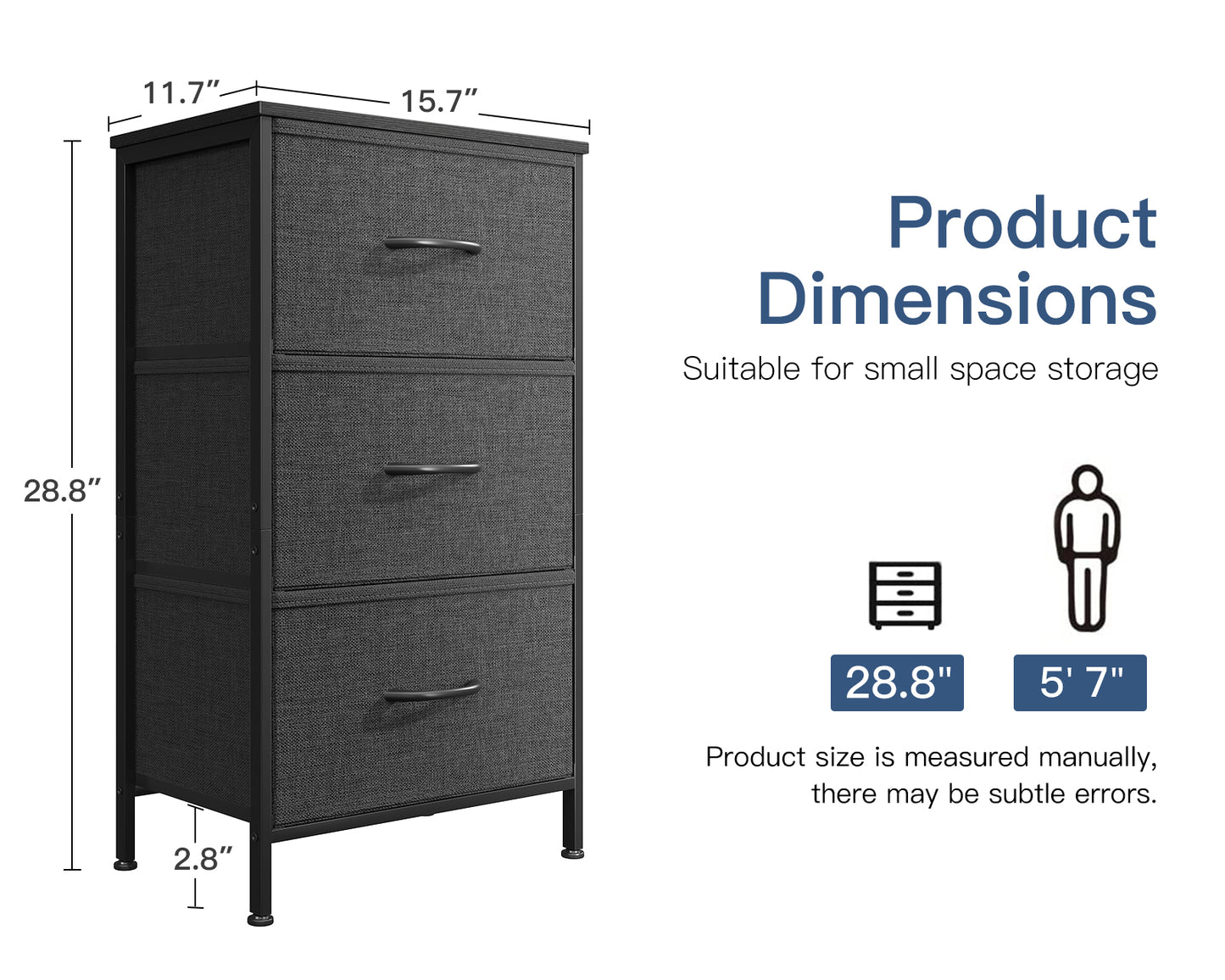 Casacomoda Dresser for Bedroom Nightstand Small Dresser Chest of Drawers End Table for Living Room, Closet Dresser with 3 Storage Drawers Organizer Clothes, Dark Grey
