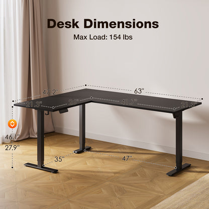 L Shaped Standing Desk 63 x 47 inch, Height Adjustable Electric Corner Standing Desk, Sit-Stand Computer Desk for Home Office, Black