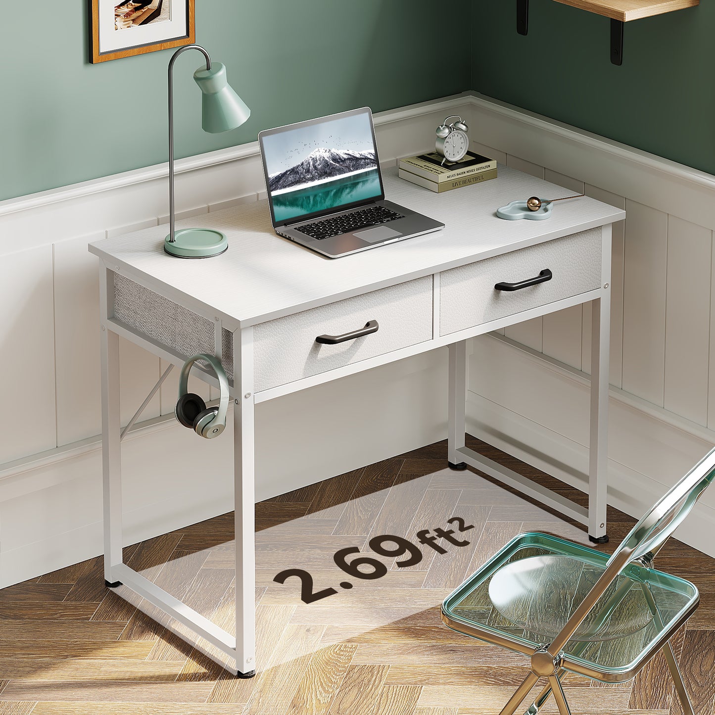 Casacomoda 32 Inch Black Writing Desk with 2 Fabric Drawers, Modern Study Table with Storage for Student/Kids, Small Computer Desk for Small Space, Home Office Desk, Pure White
