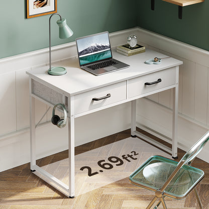 Casacomoda 32 Inch Black Writing Desk with 2 Fabric Drawers, Modern Study Table with Storage for Student/Kids, Small Computer Desk for Small Space, Home Office Desk, Pure White