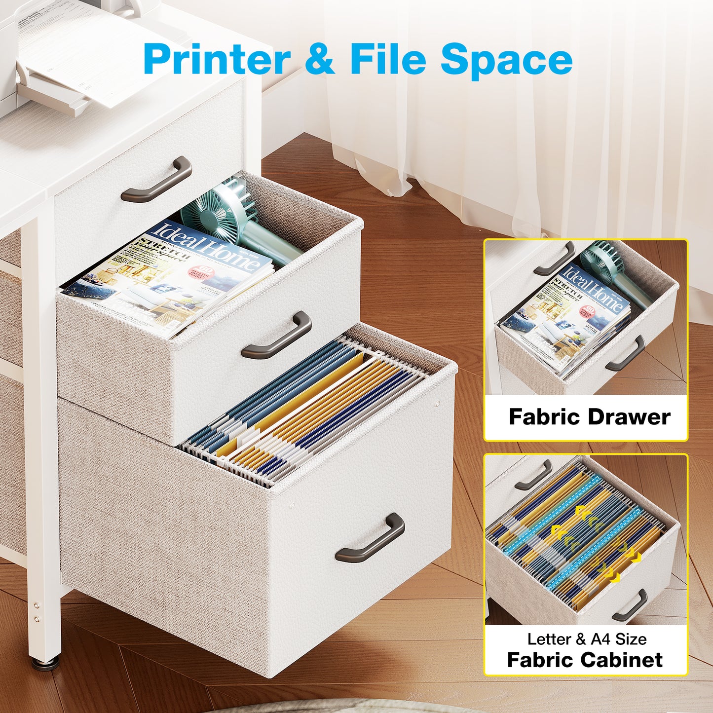 Casacomoda Small Computer Desk with Fabric Drawers & File Cabinet, Home Office Desk with Cloth Storage Bag and Hook, Writing Study Work Table for Small Space, Vanity Desk for Bedroom, White