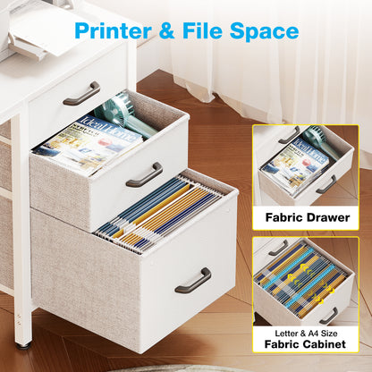 Casacomoda Small Computer Desk with Fabric Drawers & File Cabinet, Home Office Desk with Cloth Storage Bag and Hook, Writing Study Work Table for Small Space, Vanity Desk for Bedroom, White