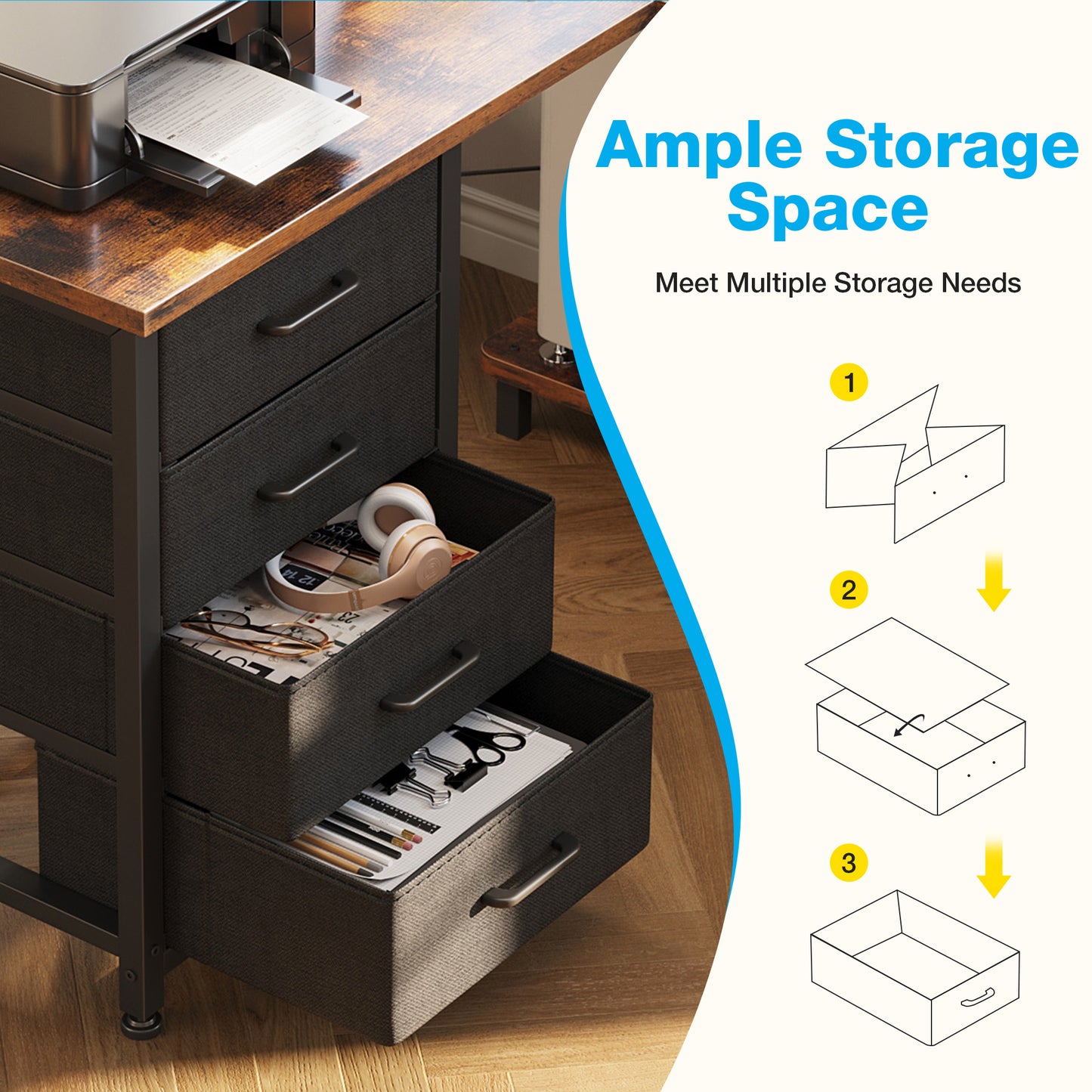 Casacomoda L Shaped Computer Desk with Charging Station , 53 inch PC Table Study Desk 4 Tier Drawers, Modern Simple Style Laptop Desk for Bedroom, Vintage