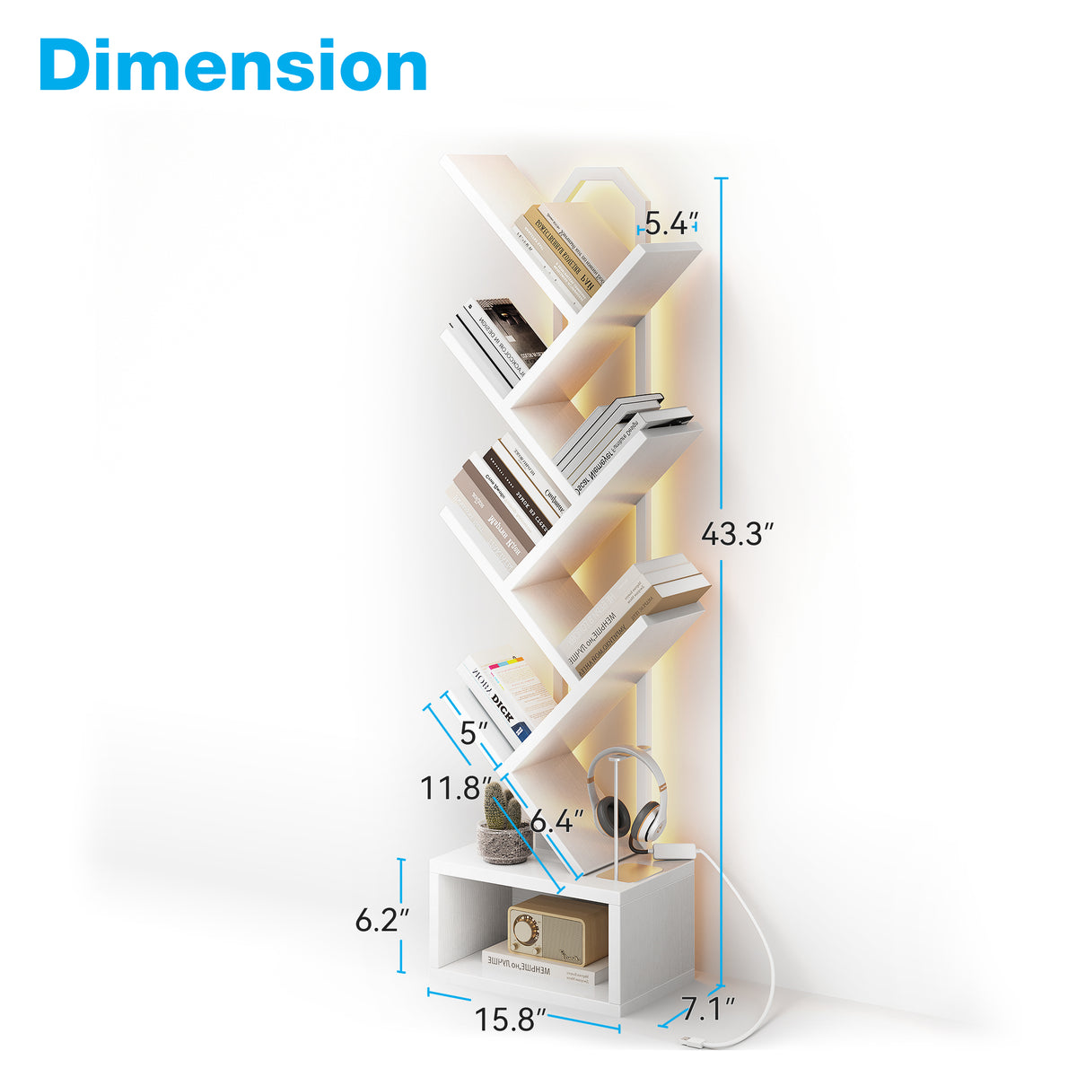 Casacomoda 6 Tier Tree Bookshelf, Bookcase with LED Lights, Display Floor Standing Storage Shelf, Book Organizer Shelves for Home Office, Living Room, White
