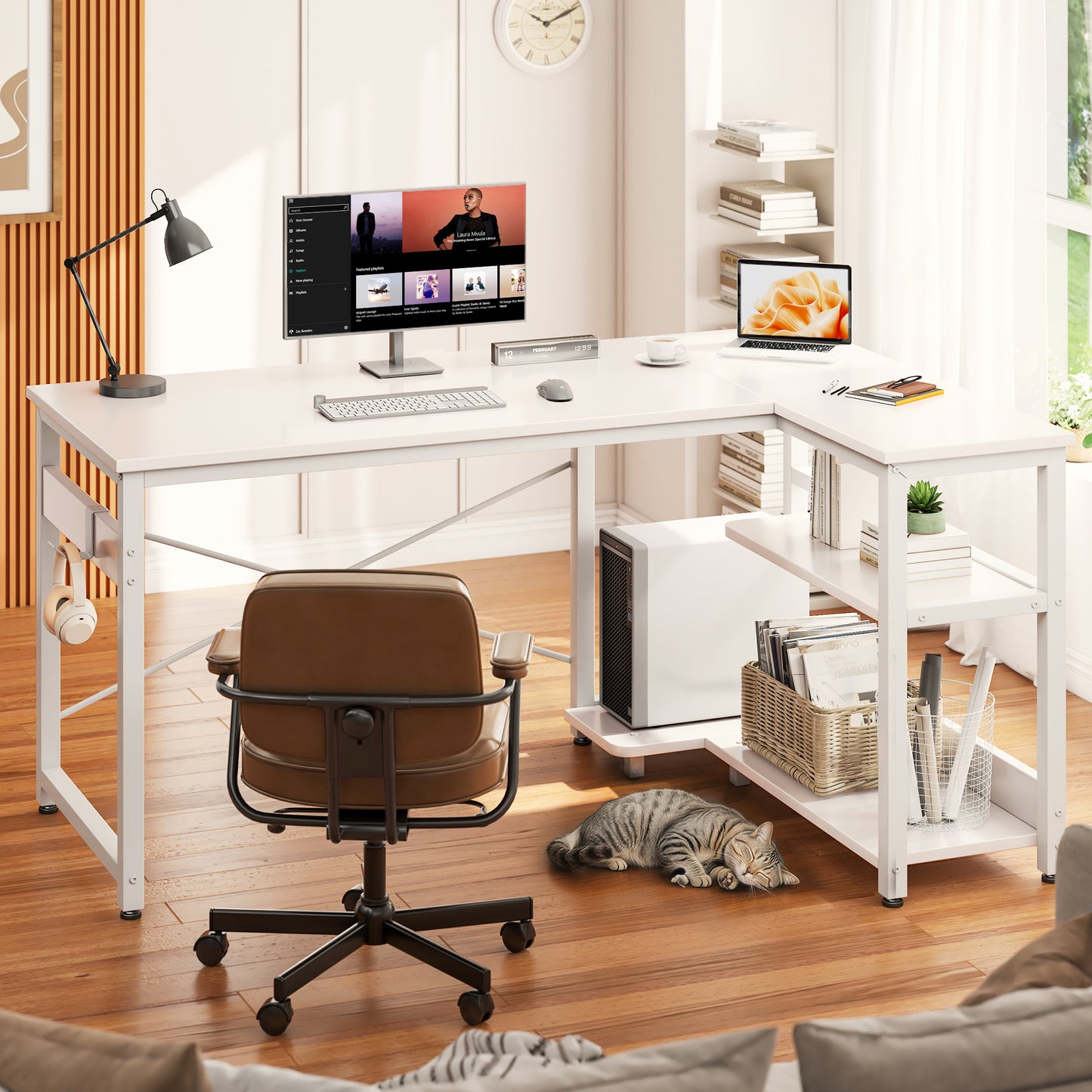 Casacomoda 40 Inch L Shaped Computer Desk with 3 Storage Shelves, Small Reversible Corner Desk for Small Space with Hock, Home Office L-Shaped Desk, White