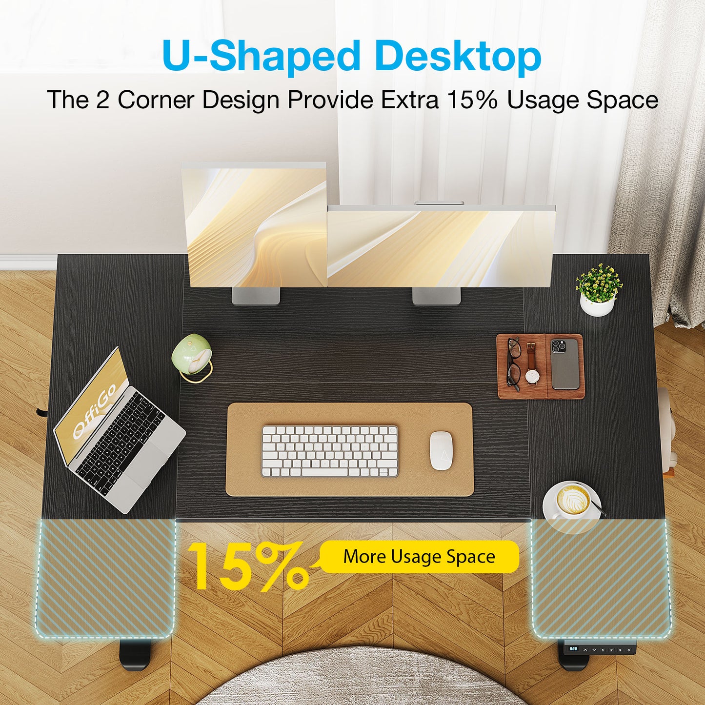 U-Shaped Electric Standing Desk, Height Adjustable Sit Stand Desk with 3 Memory Presets, Ergonomic Home Office Computer Desk with Hooks, Extra Large Workspace, Black