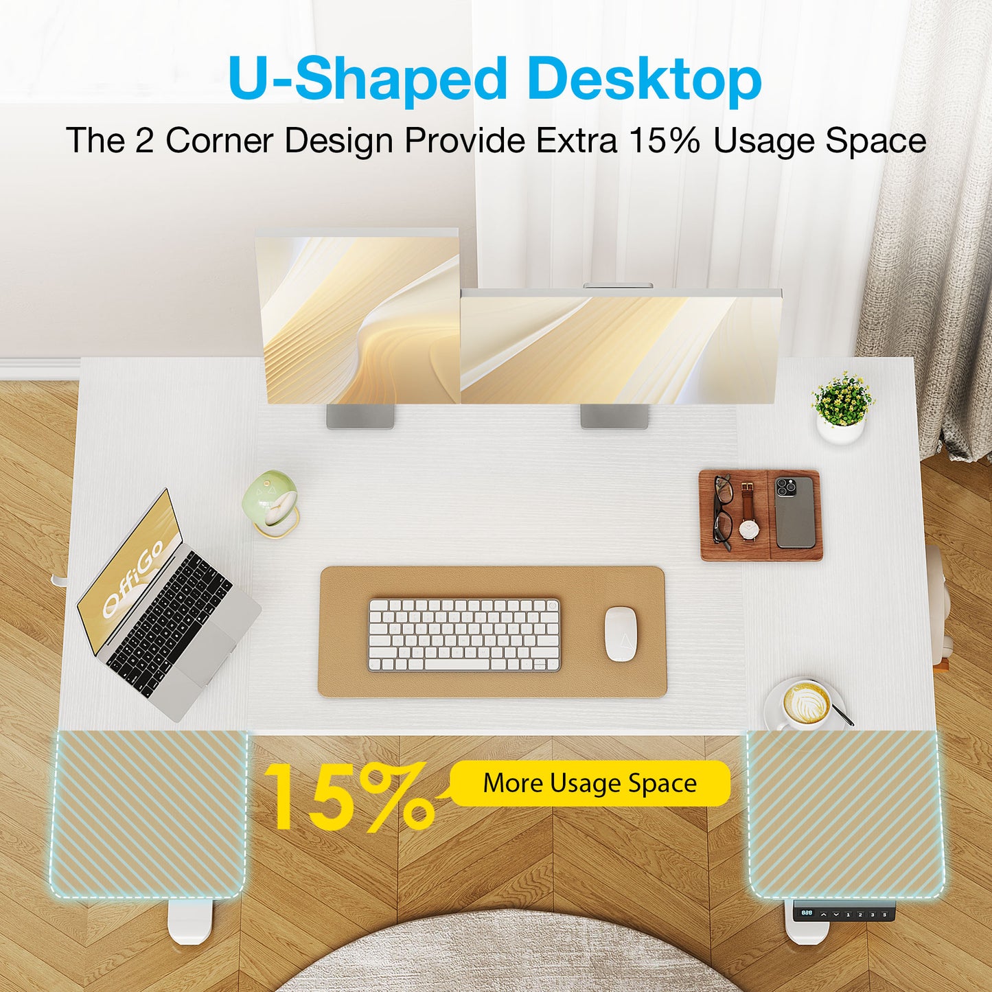 U-Shaped Electric Standing Desk, Height Adjustable Sit Stand Desk with 3 Memory Presets, Ergonomic Home Office Computer Desk with Hooks, Extra Large Workspace, White