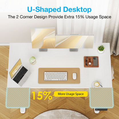 U-Shaped Electric Standing Desk, Height Adjustable Sit Stand Desk with 3 Memory Presets, Ergonomic Home Office Computer Desk with Hooks, Extra Large Workspace, White