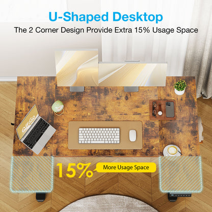 U-Shaped Electric Standing Desk, Height Adjustable Sit Stand Desk with 3 Memory Presets, Ergonomic Home Office Computer Desk with Hooks, Extra Large Workspace, Vintage