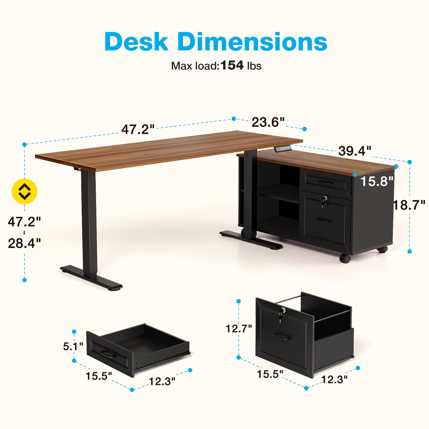 L-Shaped Standing Desk with Storage Cabinet and Drawers, Reversible Sit Stand Computer Desk for Home Office, Adjustable Height Desk, 48 Inch, Walnut & Black