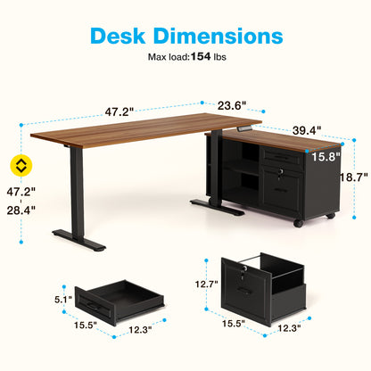 L-Shaped Standing Desk with Storage Cabinet and Drawers, Reversible Sit Stand Computer Desk for Home Office, Adjustable Height Desk, 48 Inch, Walnut & Black