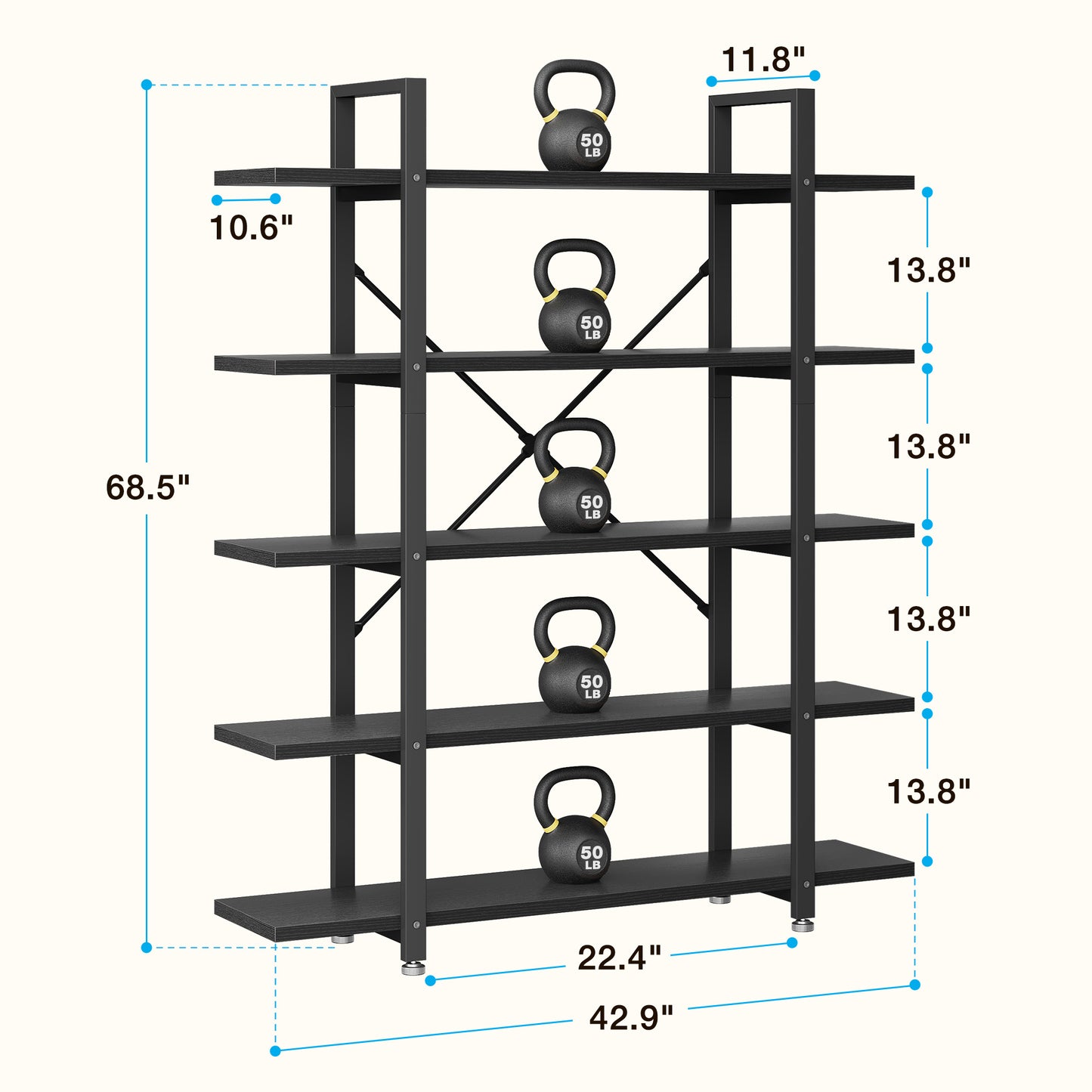 Industrial 5-Tier Bookshelf, Tall Bookcase with Reinforced Metal Frame, Open Design for Home Office, Living Room, Black