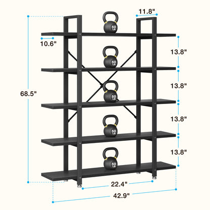 Industrial 5-Tier Bookshelf, Tall Bookcase with Reinforced Metal Frame, Open Design for Home Office, Living Room, Black