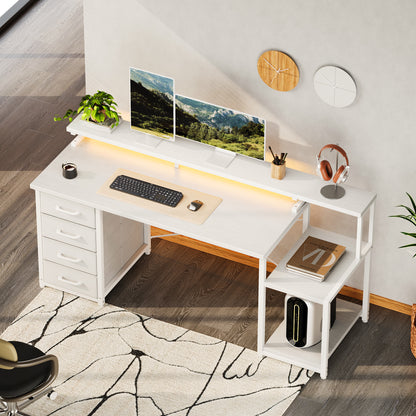 Casacomoda 55 Inch Computer Desk with LED Light, Monitor Stand, Desk with 4 Drawers, Home Office Desk with Storage Shelves, White Office Desks, White