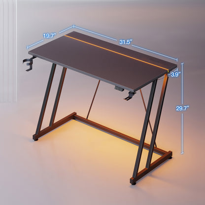 31.5 inch Gaming Desk with Z-Leg Design, Computer Desk with LED Light & Power Outlet, Gaming Table Suitable for Small Space, Black