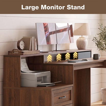 Casacomoda Farmhouse Executive Desk 68 Inch, L Shaped Computer Desk with Drawers, Office Desk with Locking Cabinet, Corner Desk with Printer Shelf & Power Outlet, Monitor Stand, Walnut